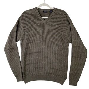 IZOD Mens V-Neck Cable Knit Sweater Taupe Brown 100% Cotton Pullover Large